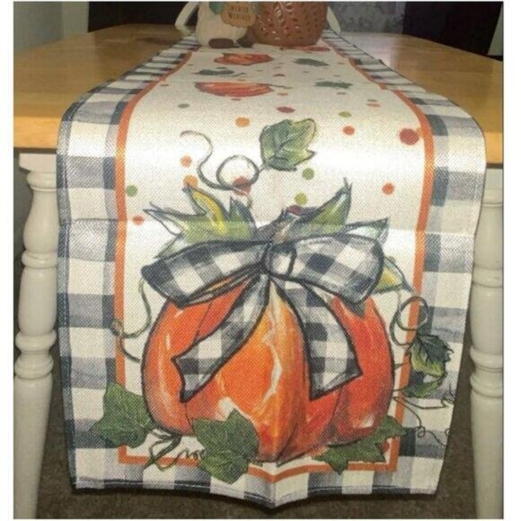 Pumpkin Table Runner Long Plaid Decorative Cloth Fall Thanksgiving Decor 13x108 - Picture 7 of 8